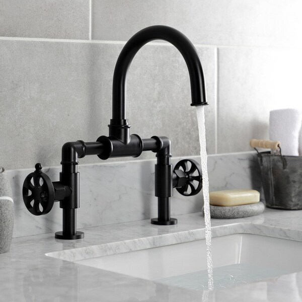 Indstrl Style Wheel Handle Bridge Bathroom Faucet W/Pop-Up Drain,Blk